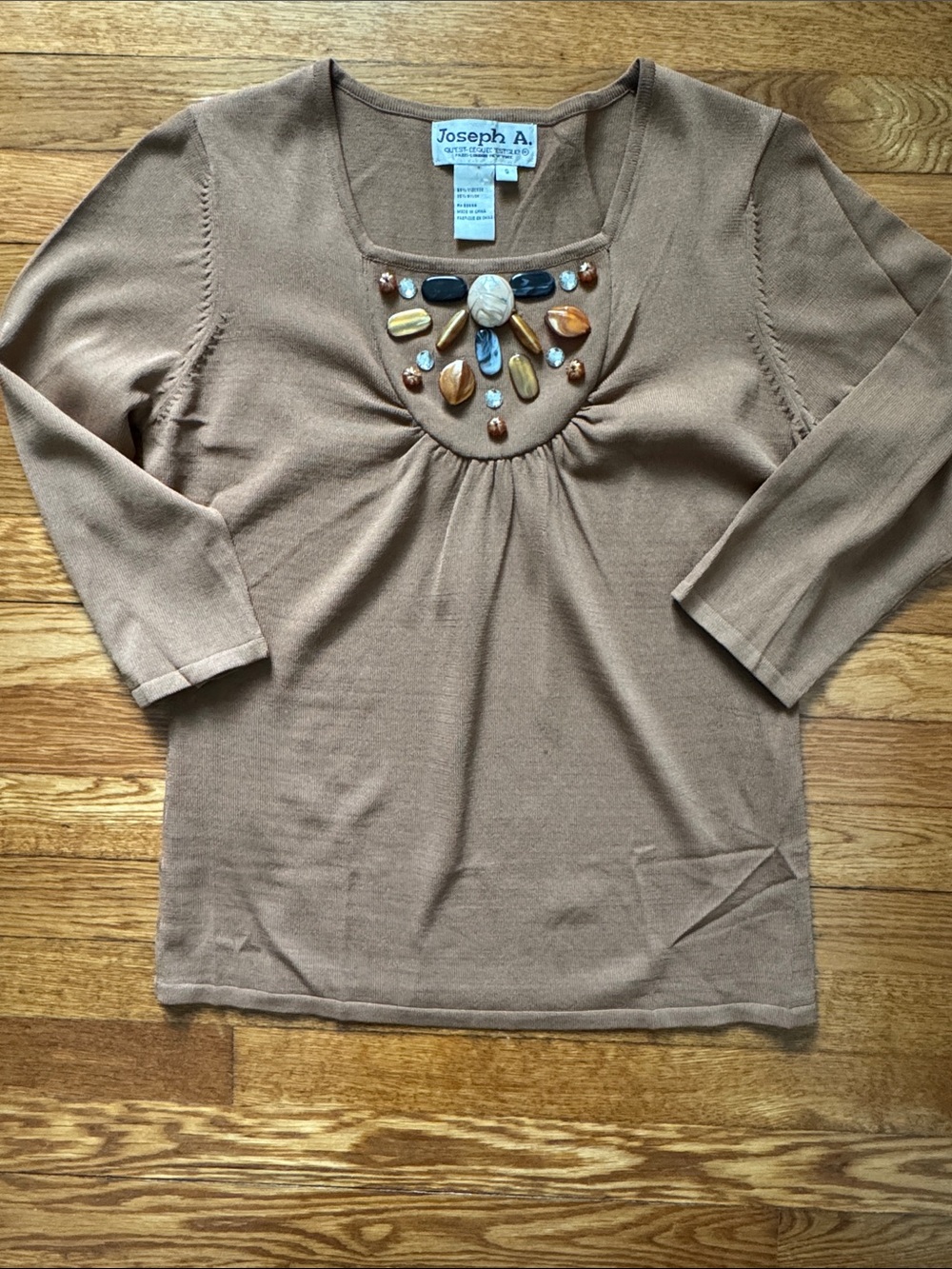Joseph A. Light Brown Embellished Scoop-Neck Long Sleeve Top
